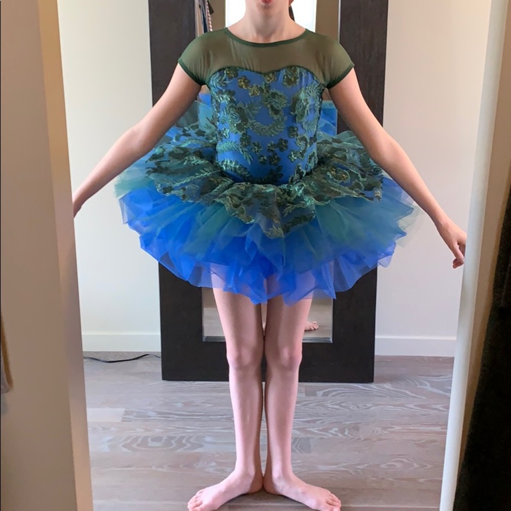 Girls ballet green and blue dance costume with tutu.